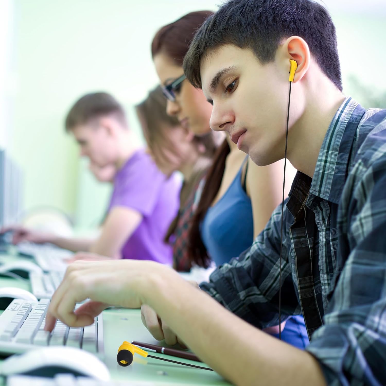 Kanayu 100 Pack Wired Earbuds Bulk for Classroom Ear Headphones Wired Basic Student Earbuds No Microphone with 3.5MM Jack for Class Laptop School Library, Individually Bagged (Yellow)