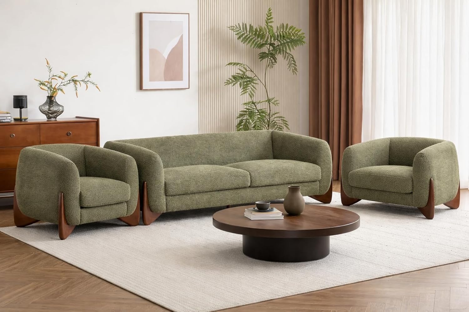 Modern & Stylish Sofa Chesterfield Design with Stylish Wooden Legs Bouncy Teddy Fabric Sofa for Bedroom, Dining Room, Living Room & Hallway-(3+1+1 Olive Green).-image-45