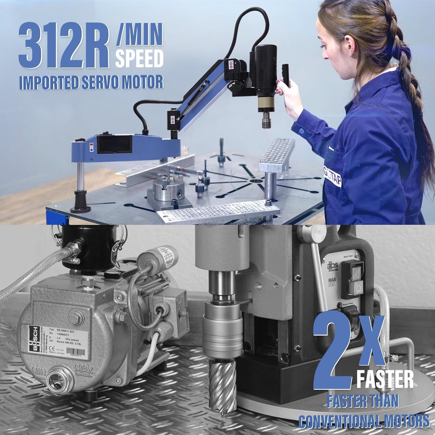 M3-M16 Electric Tapping Machine Tapper Tapping Arm Universal 360 Degree 8PCS ANSI Collets Included, 110V, 0-375RPM
