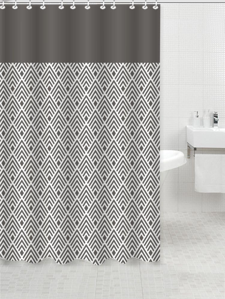 Image of HOMETHREADS Embrace Luxury with Our 6-Feet Long Premium Polyester Shower Curtain with 12 Hooks for a Lavish Bathroom Ambiance | Stylish, Splendid, and Perfectly Sized (Grey Triangle, 180x180cm)