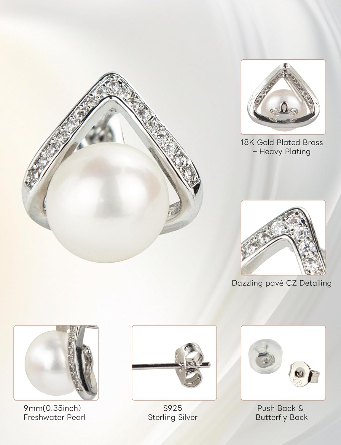 Minimalist Pearl Stud Earrings for Women - Classic 6.5-9mm Freshwater Pearl Earrings in Sterling Silver, Hypoallergenic Everyday Earrings, Office & Professional Jewelry Gift