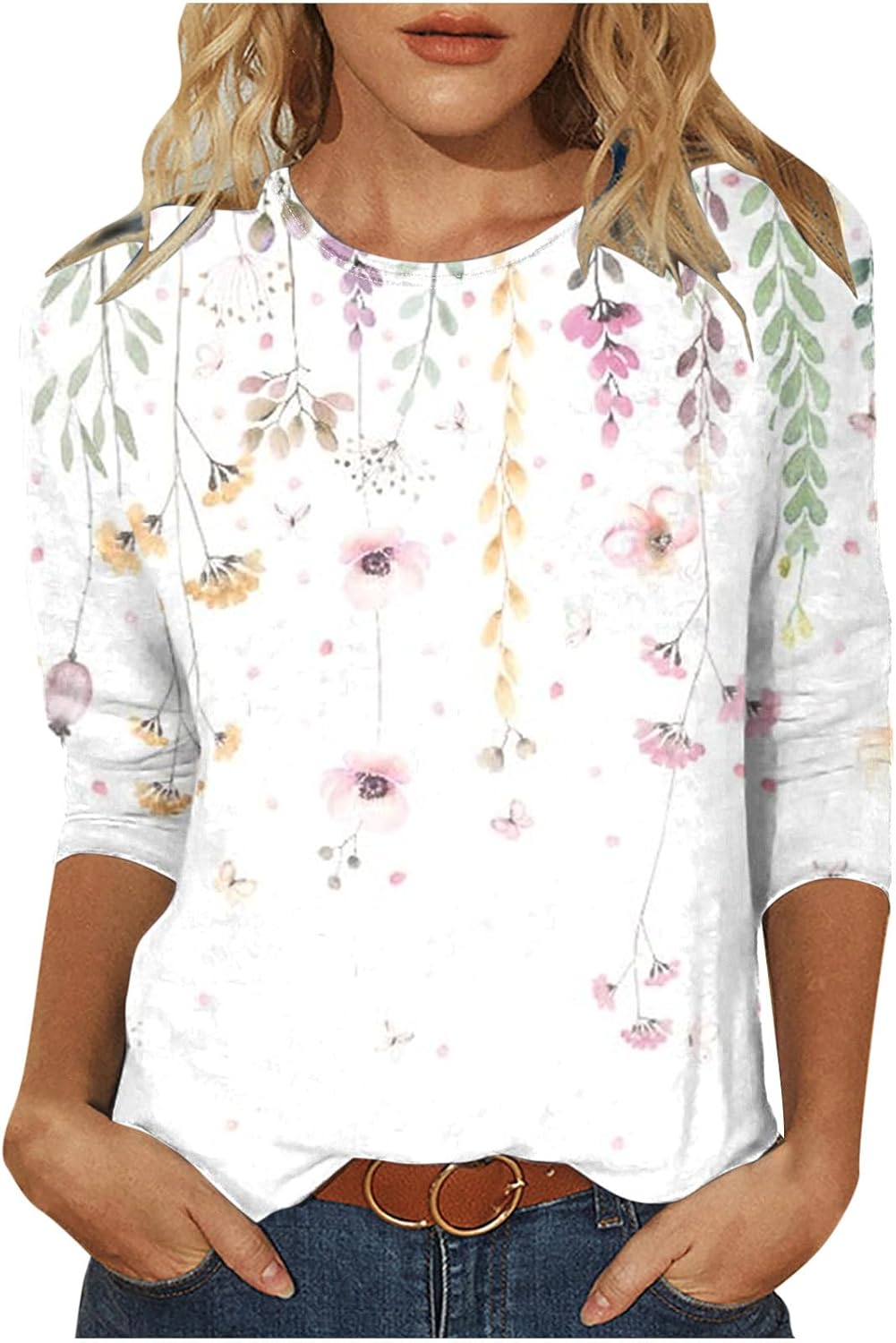 Keepink Womens T Shirts 3/4 Sleeves Smart Casual Tunic Tops Loose Crew Neck T-Shirts Floral Print Elegant Pullover Shirt Ladies Top Office Work Dresssy Blouse Going Out Tees 8-18 UK