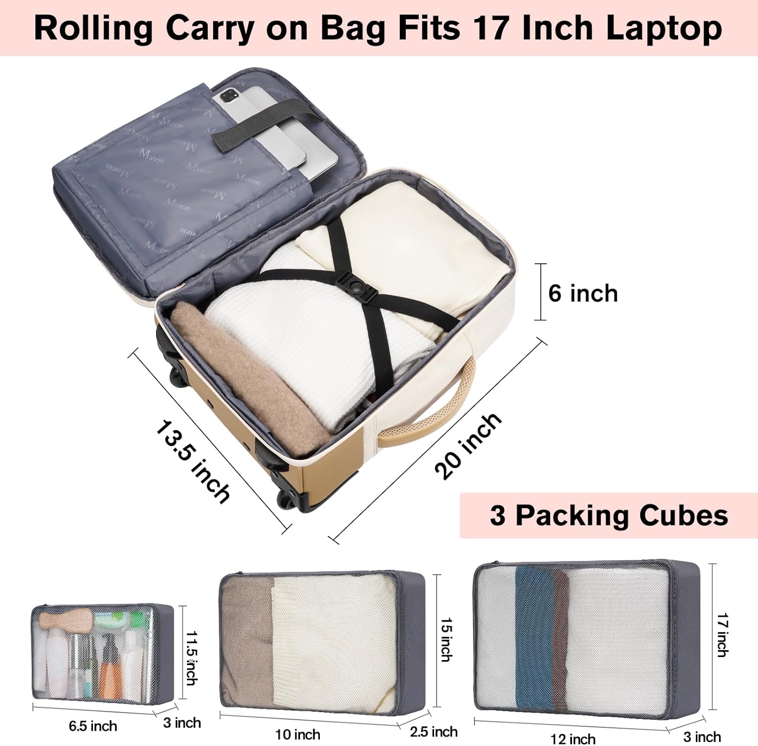 MATEIN Rolling Laptop Backpack for Women, 17 Inch Laptop Bag with ...