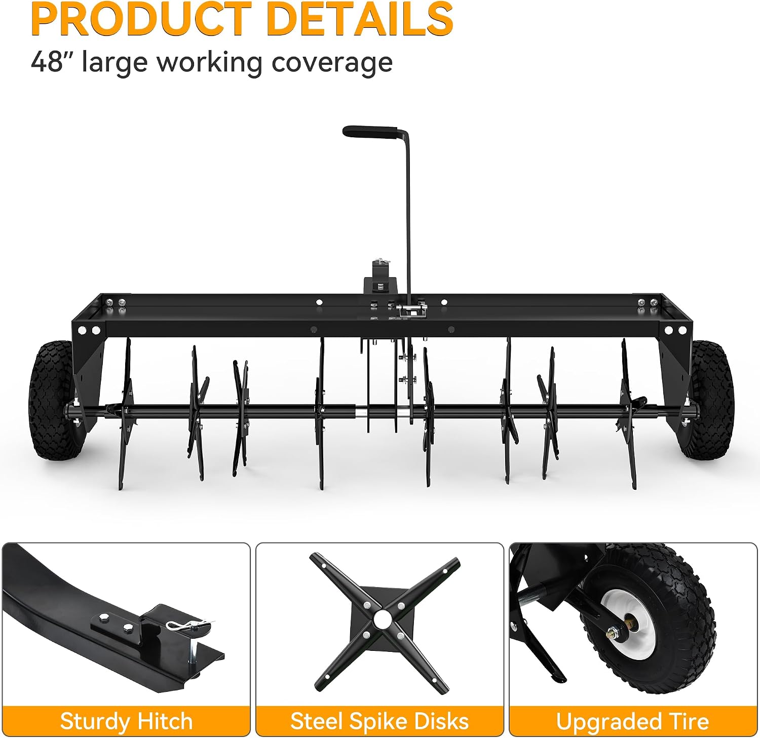 YINTATECH 48" Tow Behind Lawn Aerator with Universal Hitch, Pull Behind Lawn Plug Aerator for ATV&Tractors,Black
