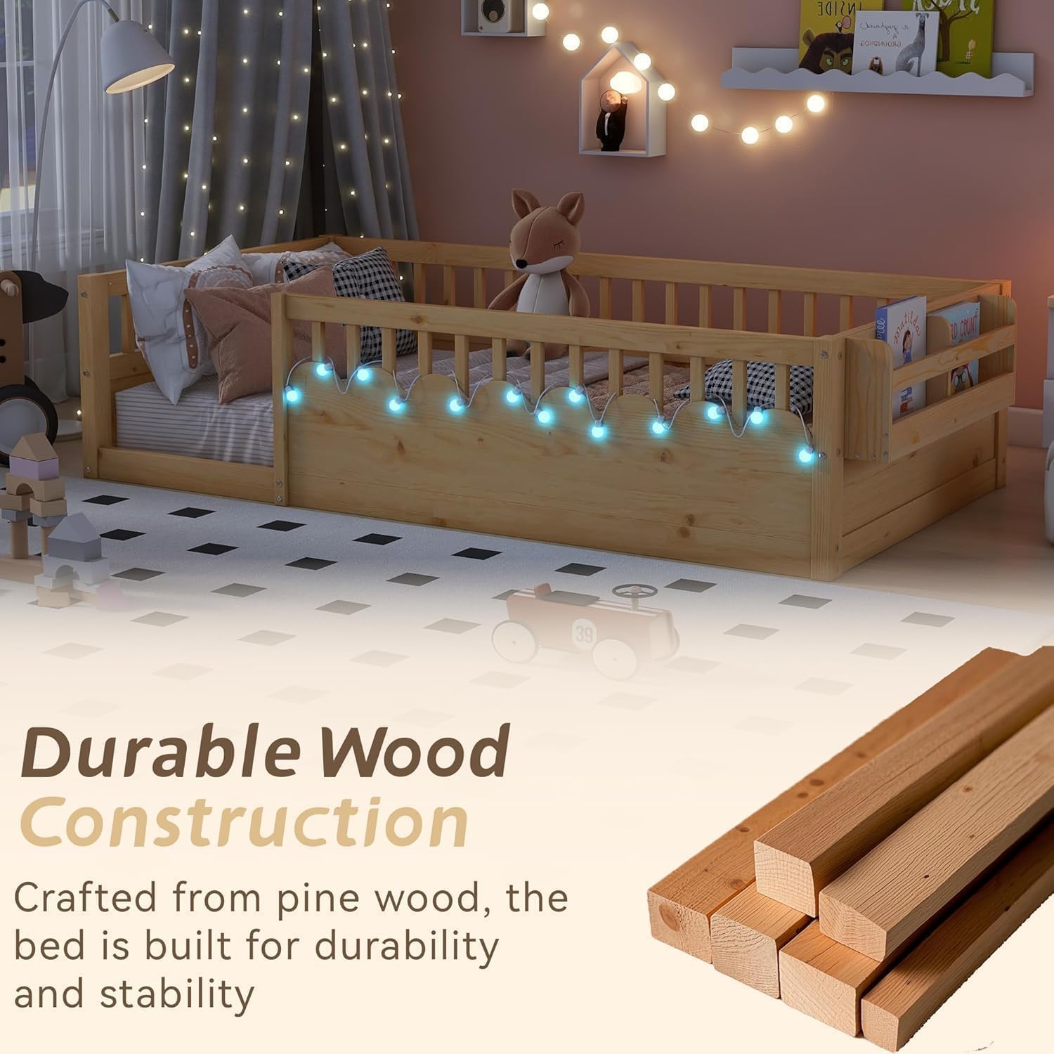 Twin Floor Bed for Toddlers with High Rails, Wooden Montessori Bed Frame with Light and Storage Shelf, Twin Size Low Bed Frame for Girls and Boys, Natural