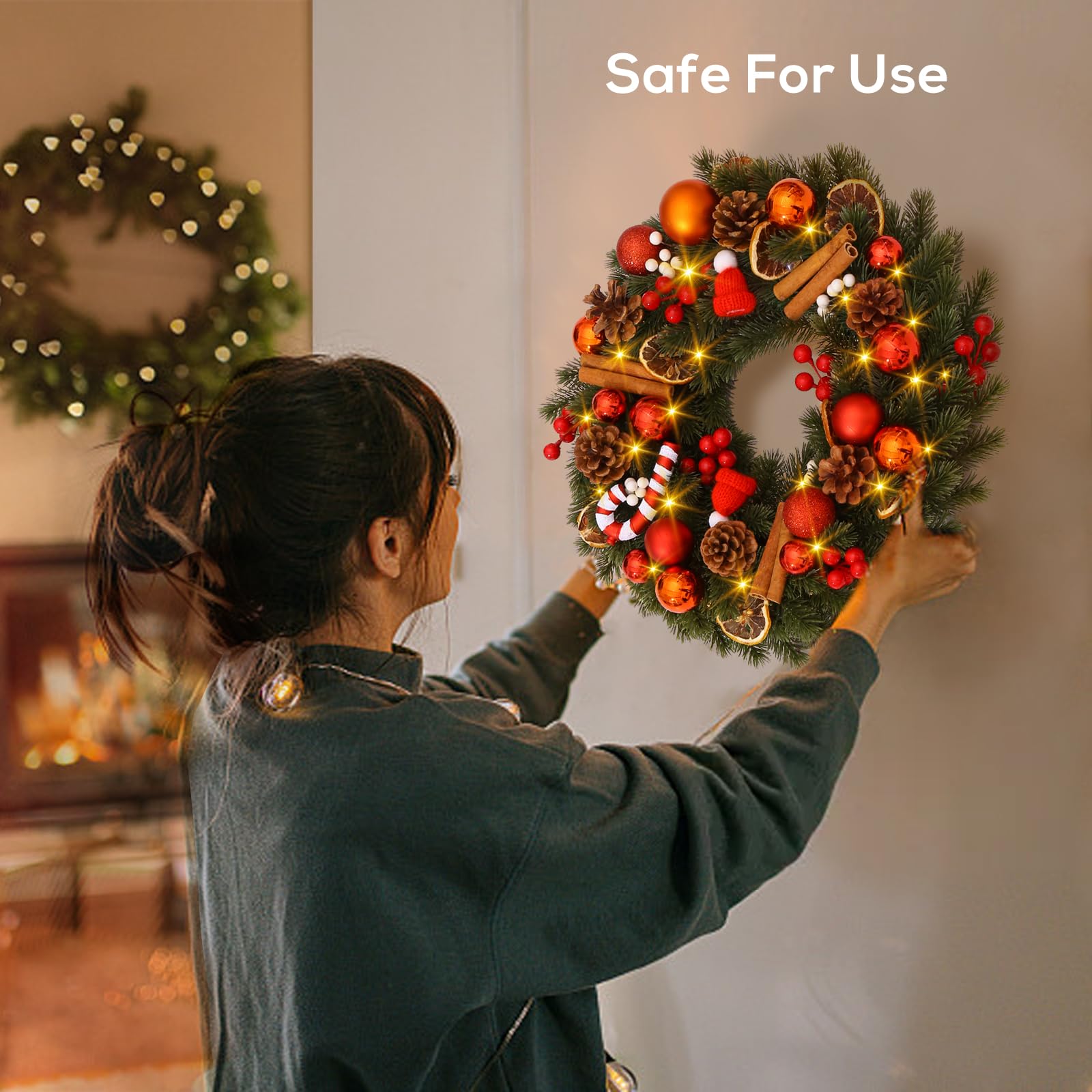 GlobaLink Weihnachtskranz 40cm, Türkranz Weihnachten mit 40 LEDs Timer Batteriebetrieben Künstlicher Kranz mit Zuckerstange Zitronenscheiben und Weihnachtskugeln Weihnachtsdeko für Feste Advent Türe