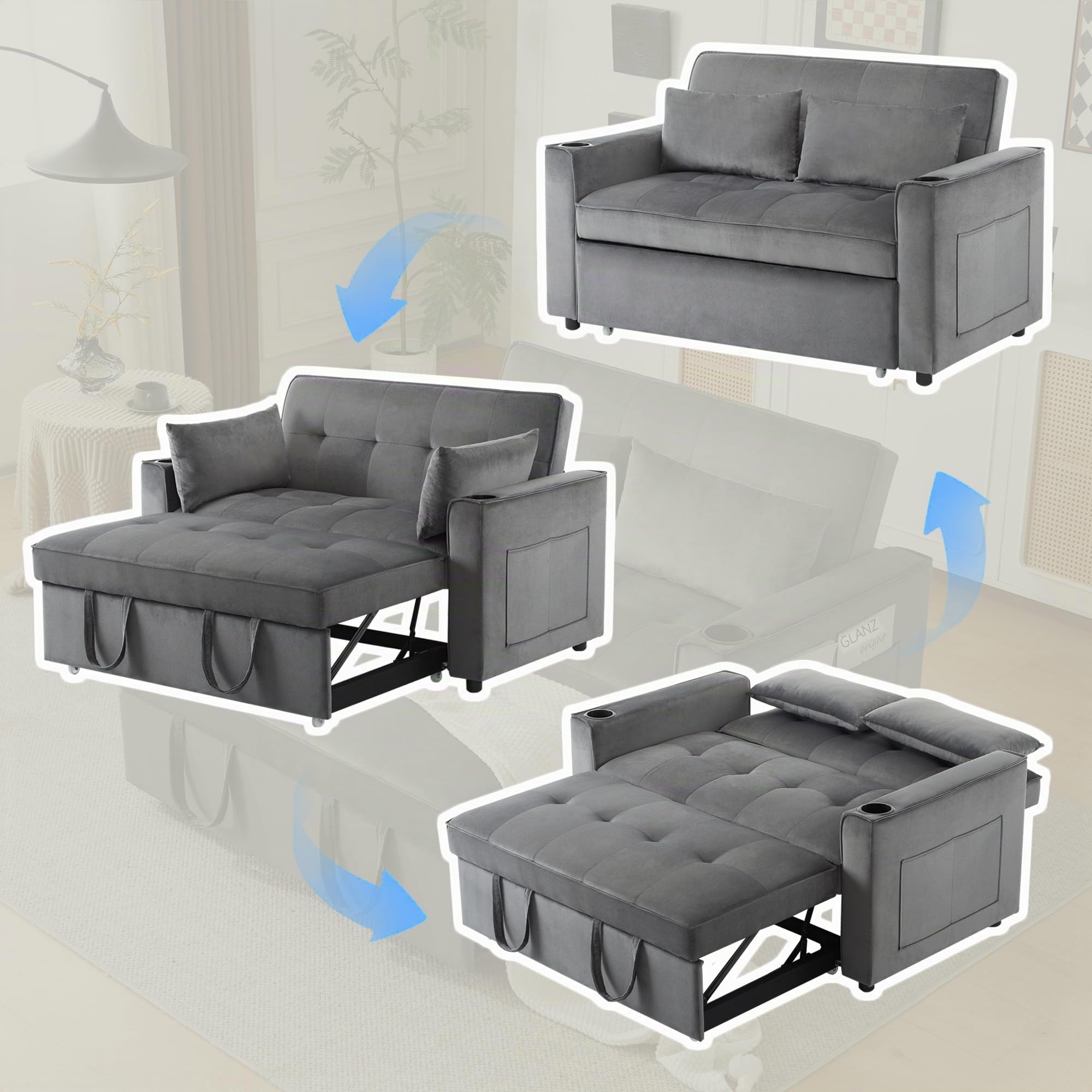 2 Sitzer Sofa mit Schlaffunktion, Klappbares Schlafsofa, Doppelsofa Kleine Couch Sofa, Polstersofa mit verstellbare Rückenlehne & Getränkehalter, Multifunktionssofa für Wohnzimmer, Velvet Grau