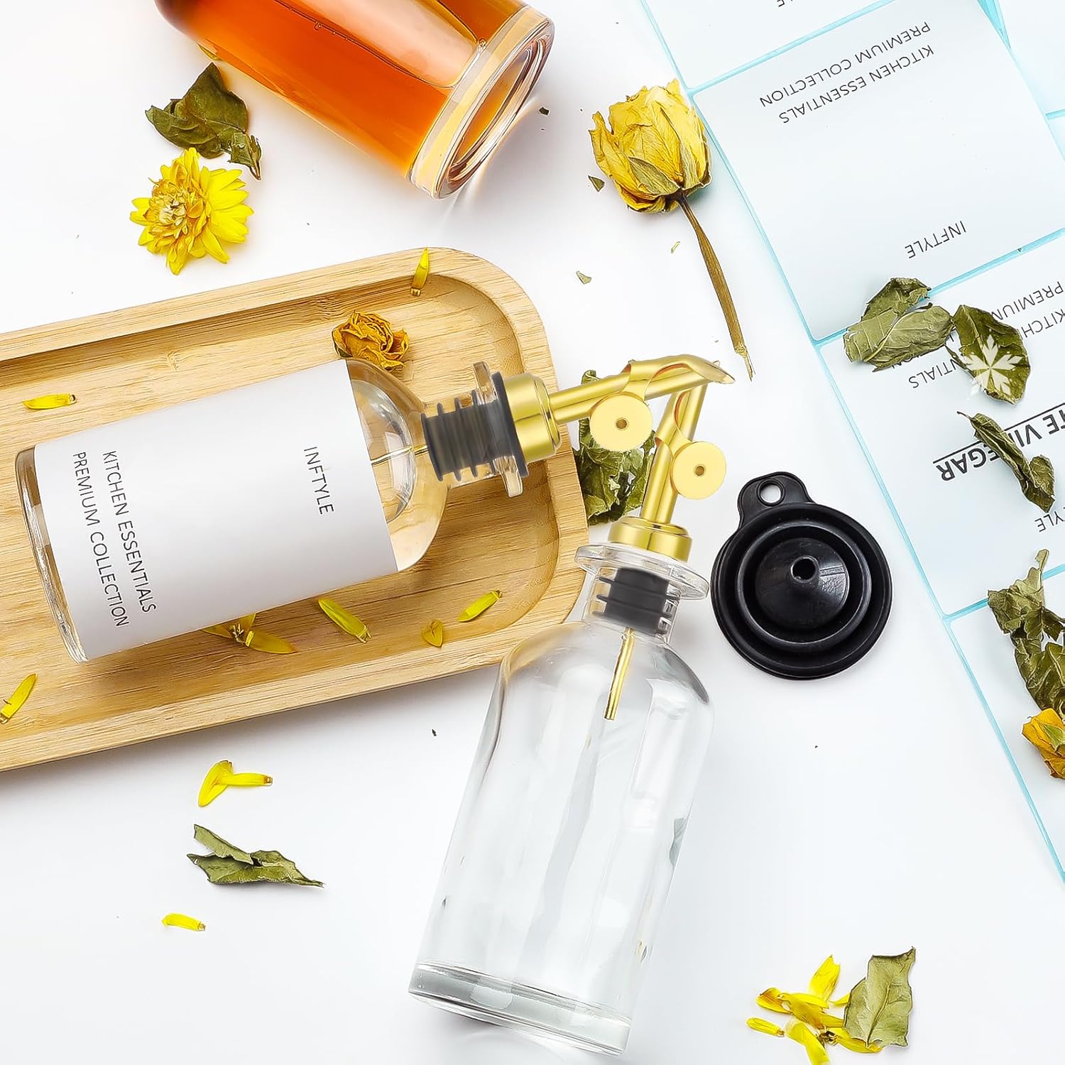 Coffee Syrup Dispenser Set（set of 3 and set of 6）Simple Small Glass Bottle for Coffee Bar Accessories with Dust Lids Pour Spout, Glass Stopper, Cleaning Brush. Vanilla, Caramel, Syrup, Honey, Condimen