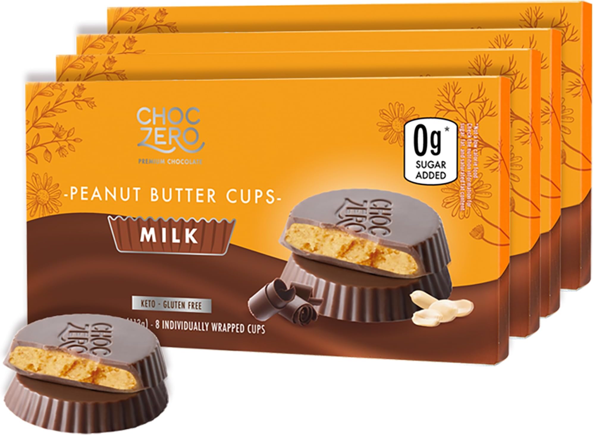 ChocZero Milk Chocolate Peanut Butter Cups, No Added Sugar, Low Carb Snack, High Fiber, Keto Friendly, 32 Total Cups (4 Ounce, Pack of 4)