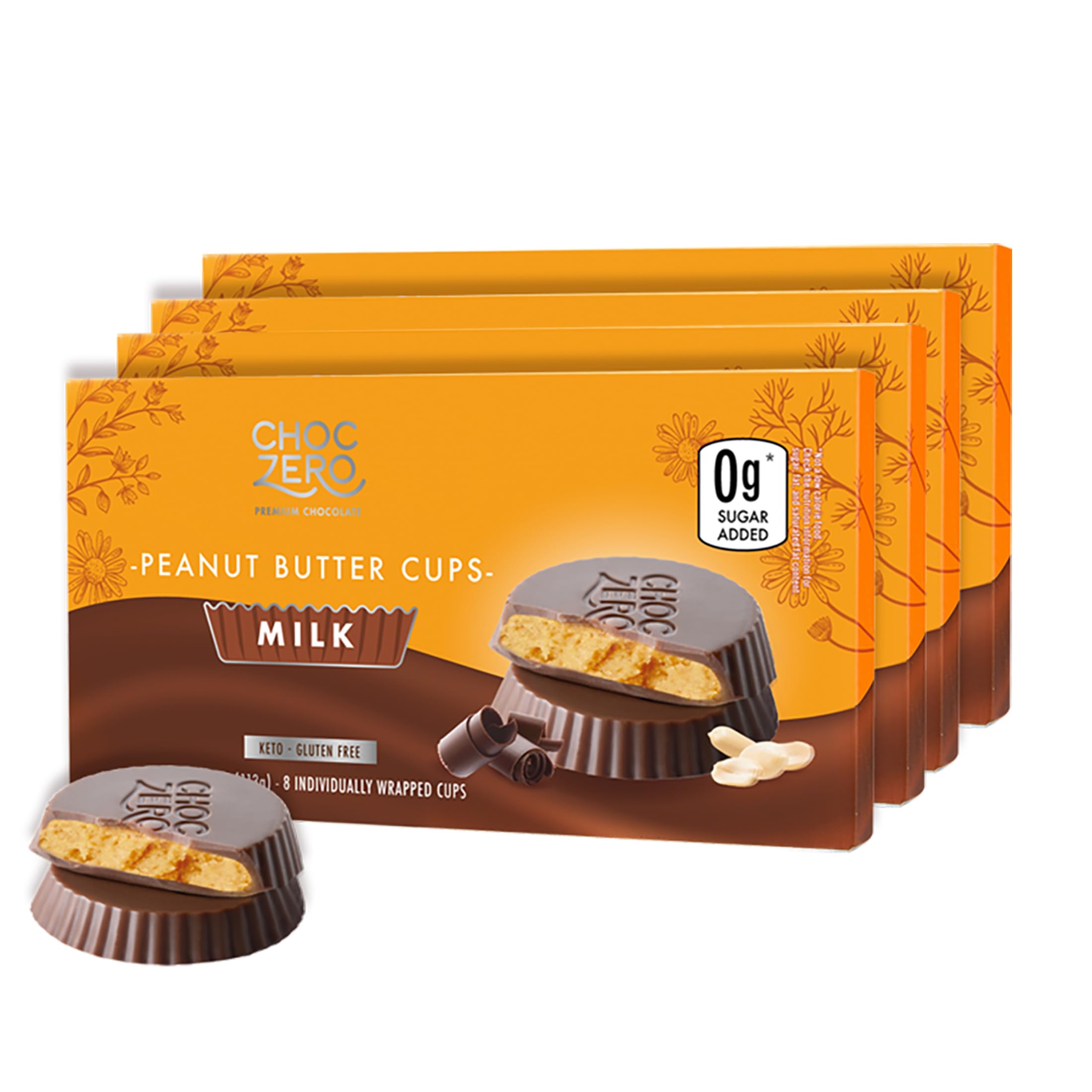 ChocZeroMilk Chocolate Peanut Butter Cups, No Added Sugar, Low Carb Snack, High Fiber, Keto Friendly, 32 Total Cups (4 Ounce, Pack of 4)