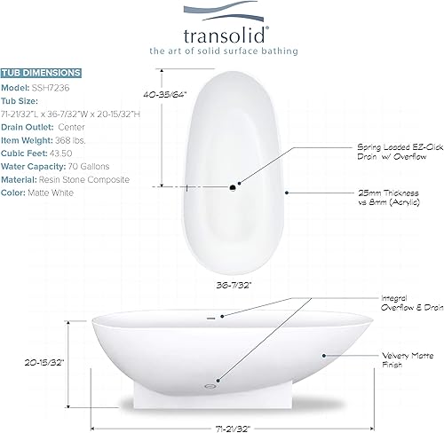 Miniatura 5 de Transolid SSH7236-01 Bañera independiente de karité, 72 x 36 x 20 pulgadas, color blanco