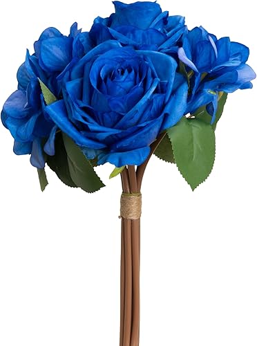 ELITE FLORAL Paquete de 12 ramos de rosas y hortensias de color azul rey de 13 pulgadas, ramo de flores decorativas para interiores y exteriores