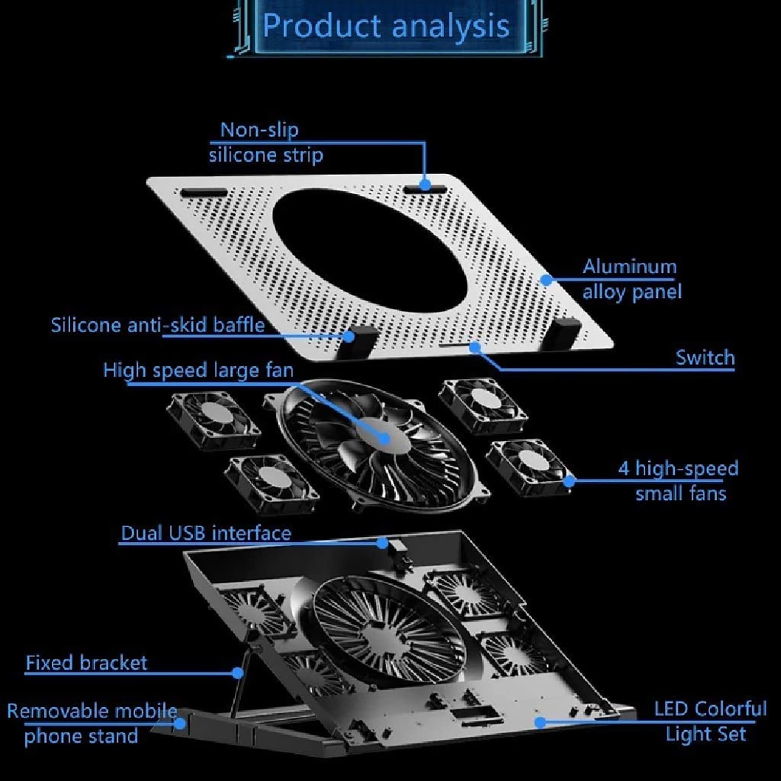 TsoLay Enfriador para Computadora Portátil, Almohadilla De Enfriamiento para Juegos con 5 Ventiladores Silenciosos, Diseño De Viento Fuerte De 3500 RPM, 4 Niveles De Ajuste De Altura, para Jugadores