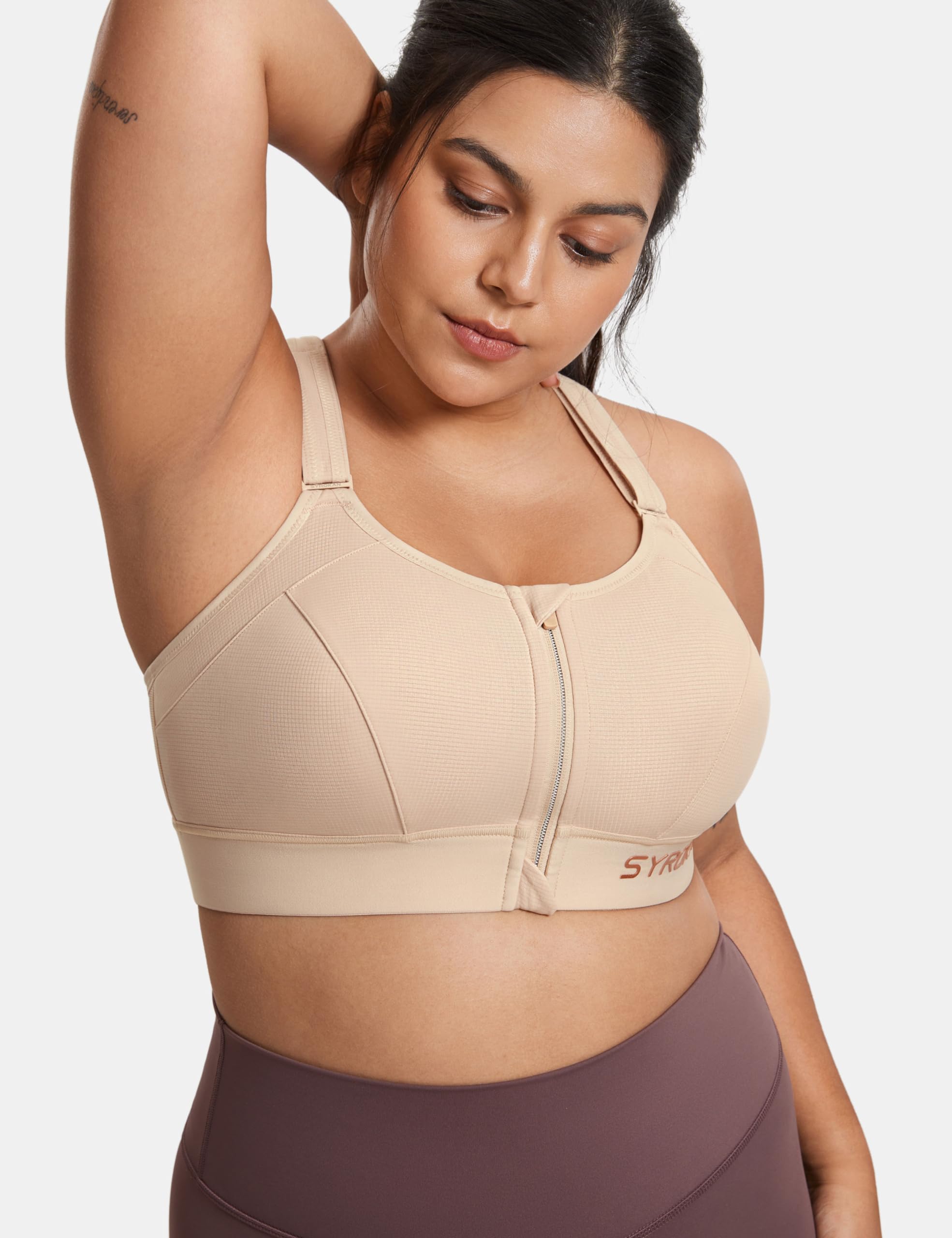 SYROKAN Reggiseno Sportivo Donna Senza Ferretto Ad Alto Impatto Imbottito Zip Frontale Velcro Racerback Taglie Forti