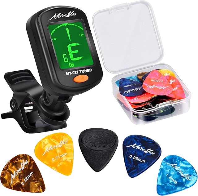 28pcs Guitar Picks with Tuner, MOREYES Guitar Plectrums for Your Acoustic,Electric,or Bass Guitar 0.46 0.71 0.85 0.96 1.2mm