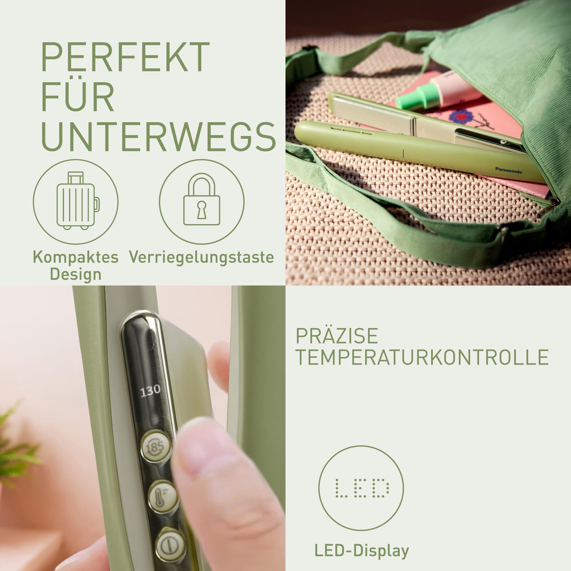 Panasonic EH-HV31-G503 2-in-1 Ionisches Haar-Styling-Gerät, Haarglätter und Lockenstab, 5 Hitzestufen bis 210°C, 3D-Platten, Reisesperre, Auto-Spannung, Matcha-Grün