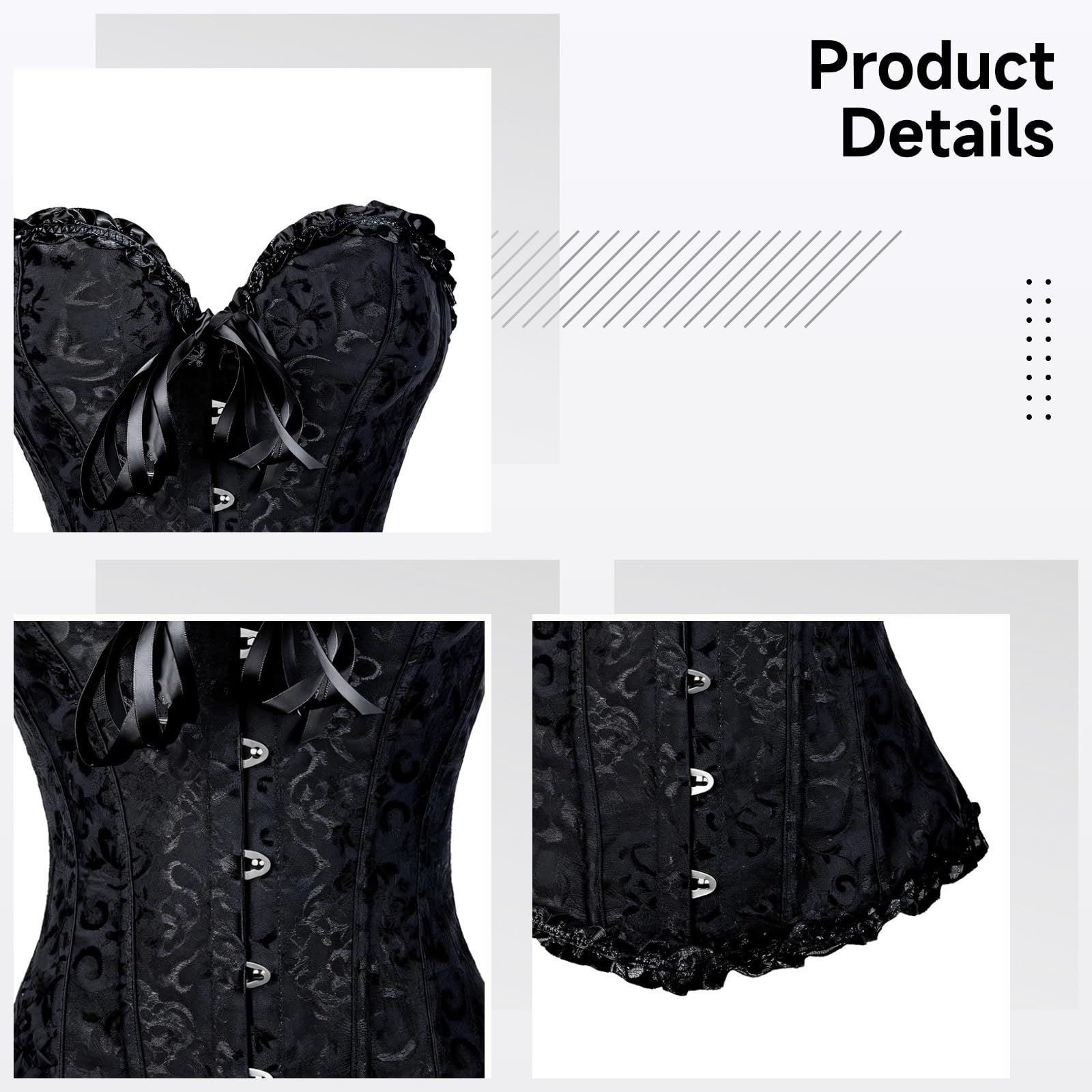Corsetto nero da donna, bustino modellante con bordo in pizzo, elegante chiusura frontale, XXL
