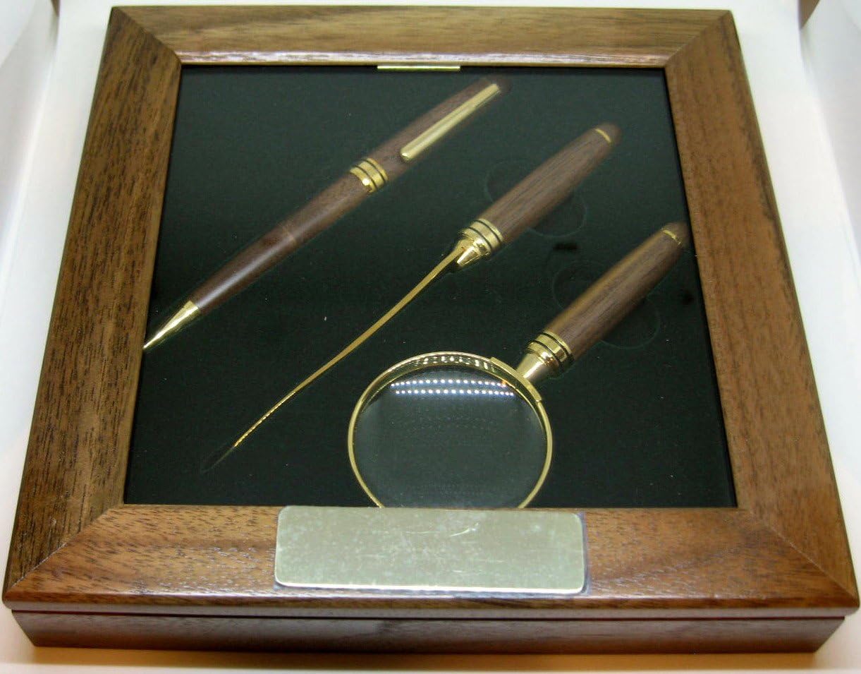 Executive Collection 3 piece Pen, Pencil and Letter Opener in a Walnut Wood and Glass Case