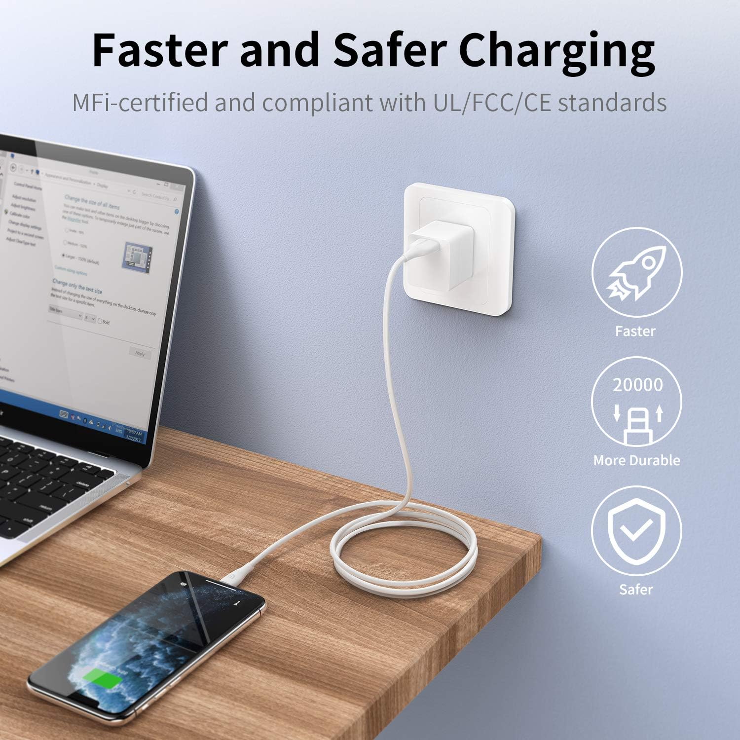 UNBREAKcable 6.6ft Lightning Cable iPhone Charger Cable [C89 Apple MFI Certified] USB Fast Charging Cable Transfer Cord for iPhone 14 13 12 11 Mini Pro Max SE Xs XR X 8 7 Plus 6s 6 iPad iPod AirPods