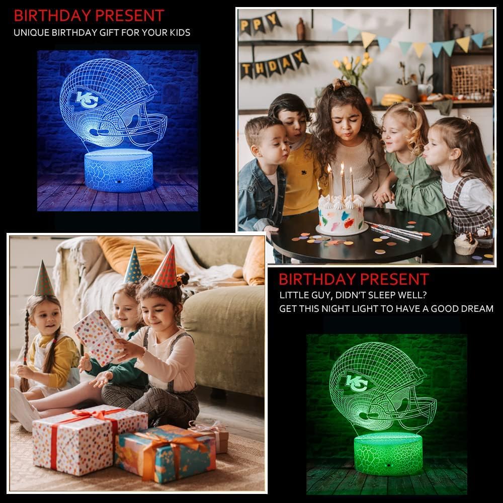 Cute Chiefs Football Helmet 3D Optical Illusion LED Bedroom Decor Sleep Table Lamp with Remote 7 Colors Acrylic Visual Night Light Birthday Christmas Gifts for Kids KC Men Women