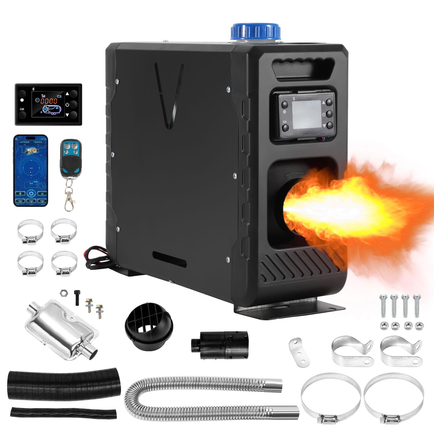 Sonnewelt Calefactor de estacionamiento diésel 8 kW 12 V, calentador de aire diésel con control por aplicación Bluetooth, indicador LCD y mando a distancia para autocaravanas, barcos, caravanas, color