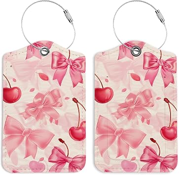 Pink Bow Cherries Luggage Tags for Suitcases, Preppy Gifts, Coquette Luggage Tag, Back to School for Students, Trendy Girly 2 Pack Travel Luggage Tags, Teen Girls Gifts Suitcase Tags