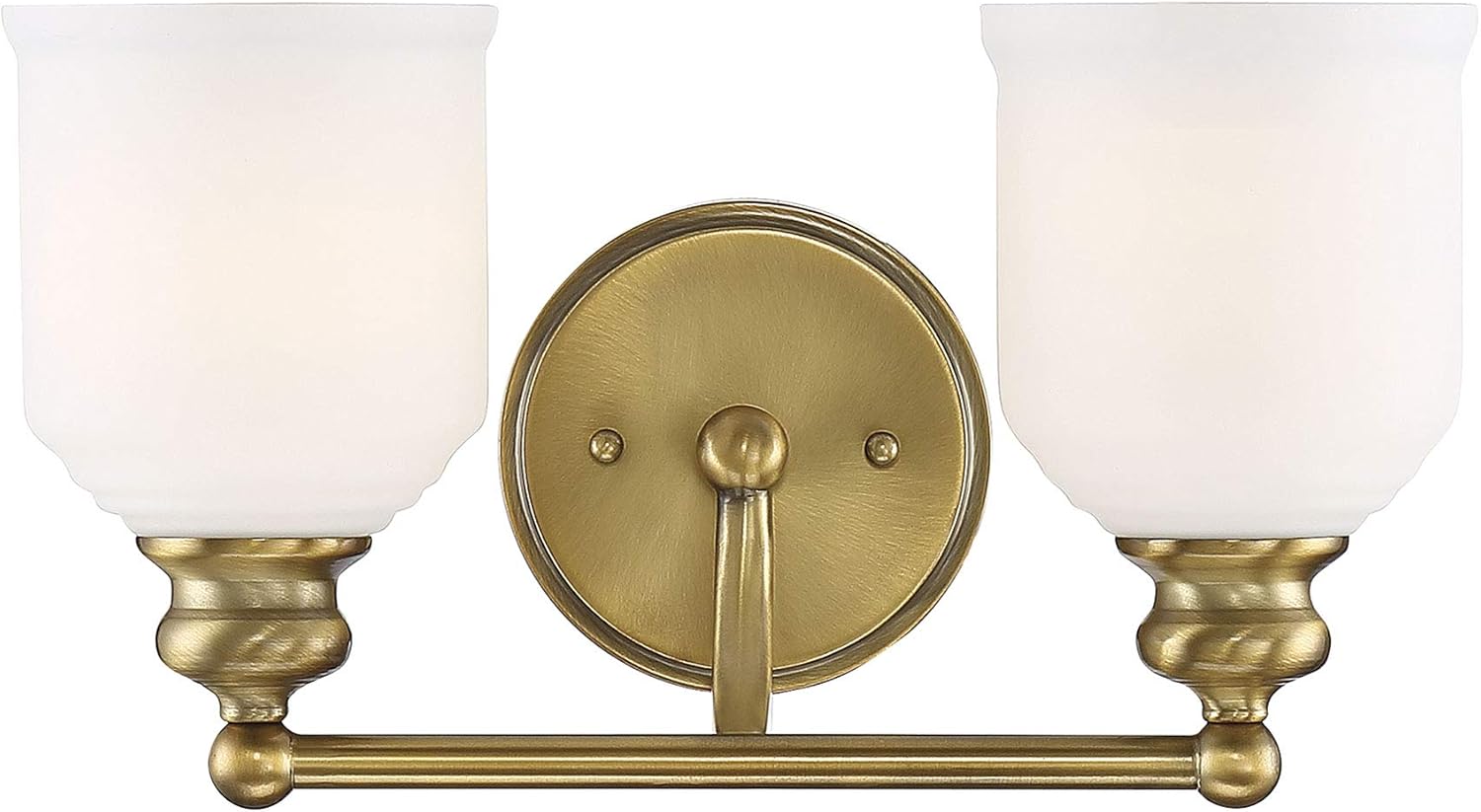 Savoy House 8-6836-2-322 Melrose Traditional Mid-Century Modern Vintage White Opal Etched Glass Bathroom Vanity Wall Light, 2-Light 120 Total Watts, 8" H x 15" W, Warm Brass