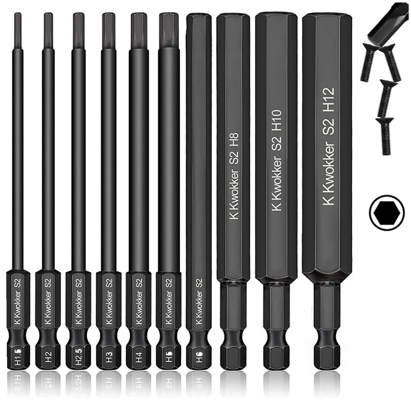 10-teiliges Inbusschlüssel-Bit-Set 1/4 Zoll – Metrisch 1,5-8 Mm, Magnetisch, S2 Stahl, 75 Mm Lang