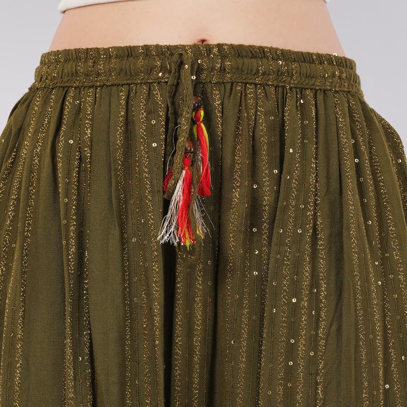 Rabhika Women’s Olive Green Pure Cotton Maxi Skirt with Subtle Gold Shimmer, Festive Ethnic Long Skirt for Women| L 2
