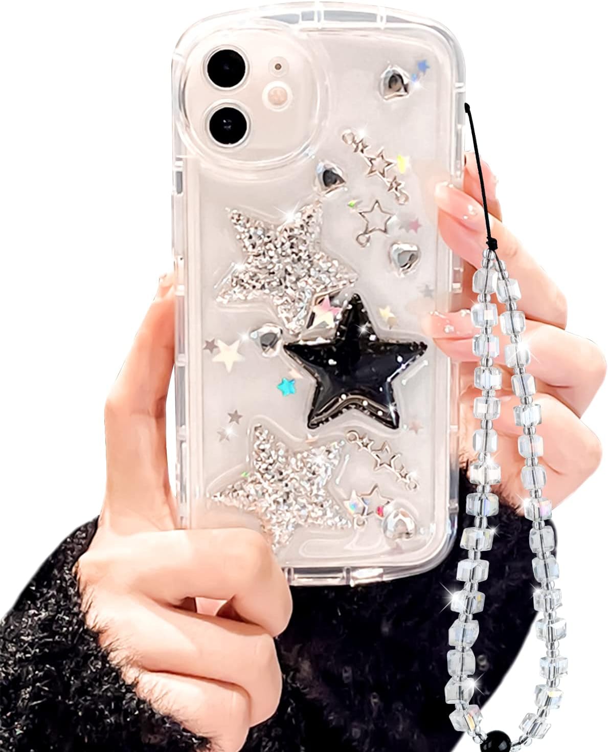 Ownest Compatible for iPhone 11 Cute Glitter 3D Stars Crystal Heart Clear with Design Aesthetic Women Teen Girls Pretty Sparkly Cute Case Protective Cover+Crystal Phone Chain