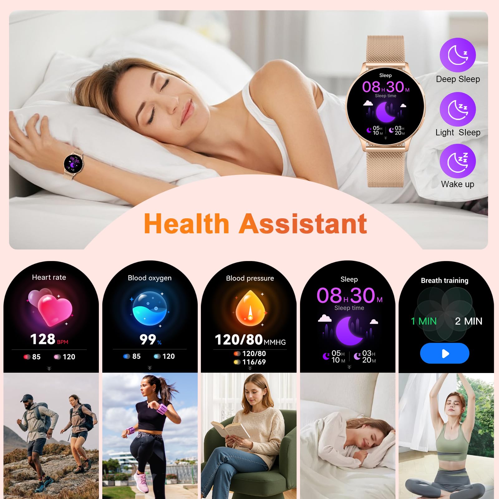Smartwatch Damen Rund 1.32" AMOLED Schrittzähler Telefonfunktion Fitness Tracker Pulsuhr Schlafmonitor SpO2 IP68 Wasserdicht Sportuhr 120+Sportmodi Android iOS Rose gold