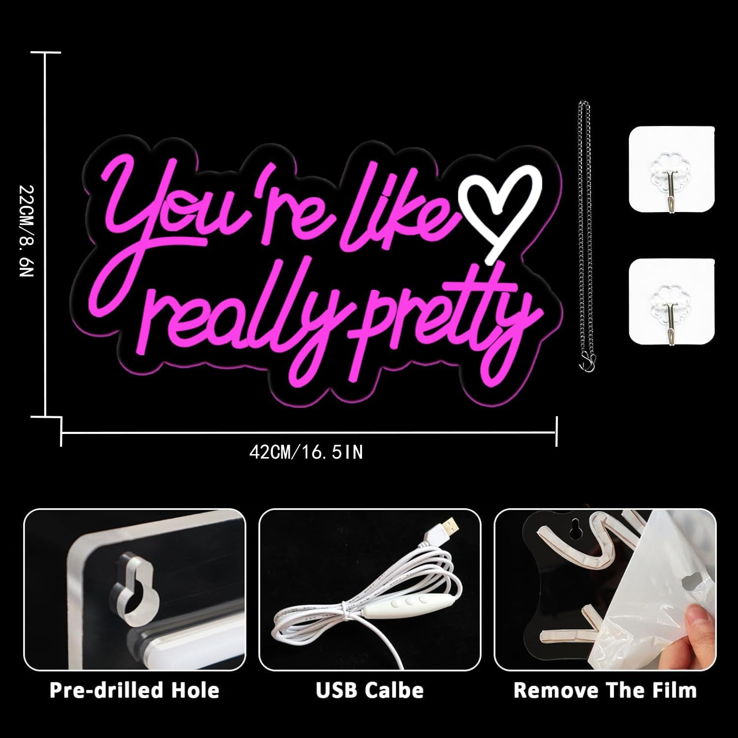 You're Like Really Pretty Neon Sign, Neon Signs for Wall Decor, Pink Led Neon Light for Wall Decor, USB Dimmable Led Neon Light Sign for Wedding, Bedroom, Home Decor image 2
