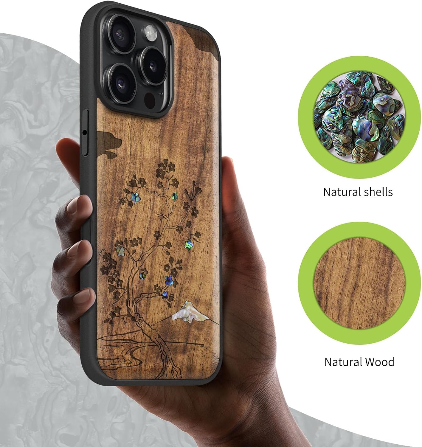 Carveit Magnetic Case for iPhone 16 Pro Max Case, Wood Artisan Engraved & Handmade Shell Inlaid, TPU Shockproof Cover, Compatible with MagSafe Wireless Chargers (Cherry Blossom) Walnut