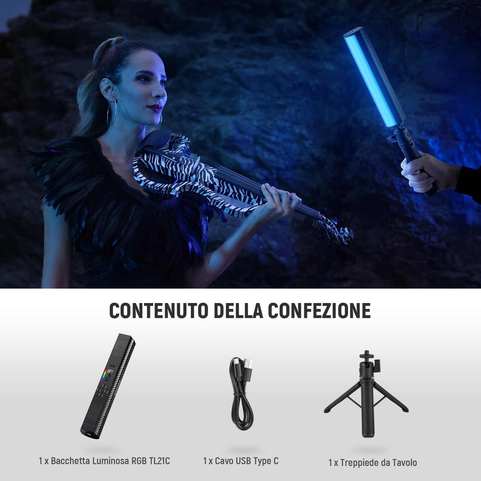 NEEWER Barra Luminosa RGB con Treppiede da Tavolo, Controllo APP, Stick Luce Magnetico per Foto Video, Luce Tubo LED a Colori Dimmerabile 2500K-8500K CRI95+ 17 Scene per Vlog, Batteria 2550mAh, TL21C