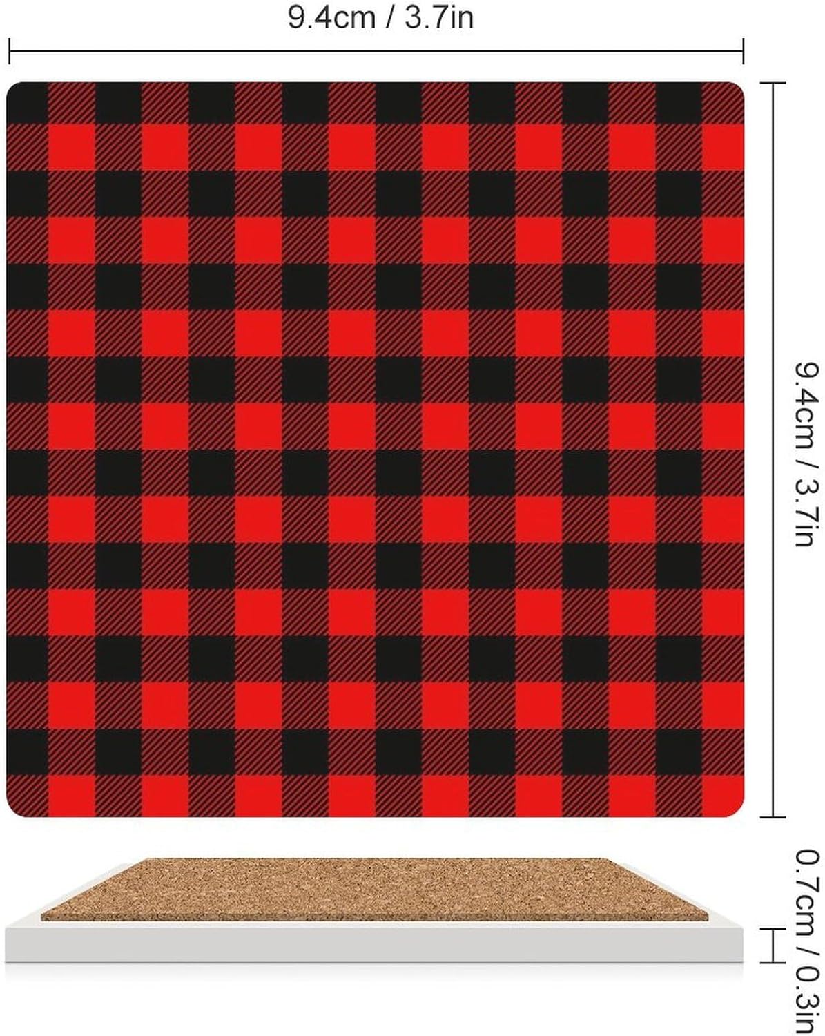 Red Black Buffalo Checkered Plaid Square Ceramic Coaster Set, Suitable for Home Kitchens 4PCS