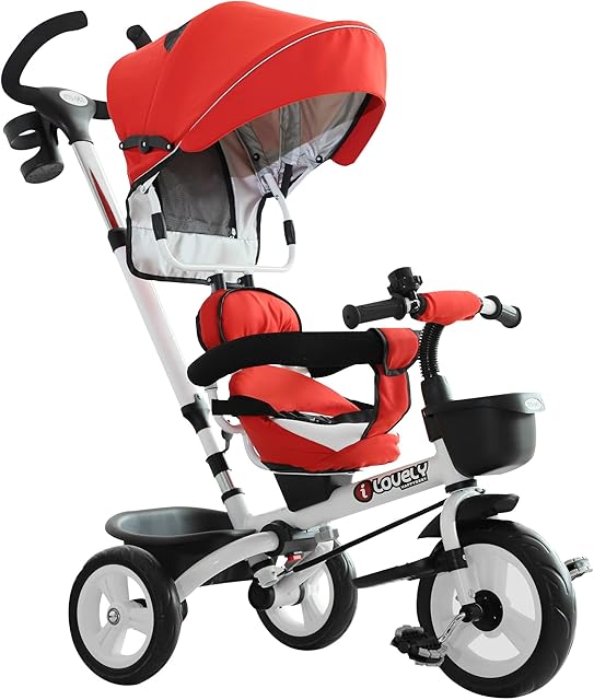 HOMCOM 4 in 1 Tricycle for Kids Toddler Folding Trike with Parent Handle Reversible Seat Adjustable Handle Removable Canopy Safety Belt for 18 Months to 5 Years Red