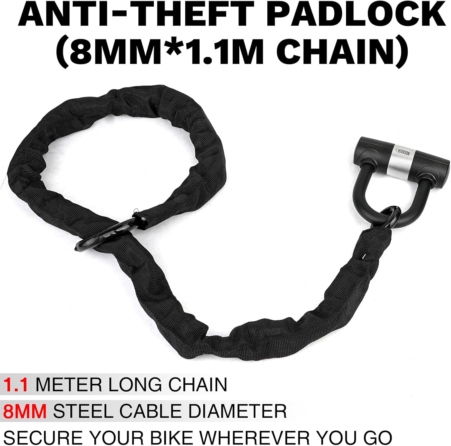 WEEROCK Bike Chain Lock Heavy Duty 4.85 lbs with 2 Keys, 3.77 ft Anti-Theft Motorcycle U Lock with 8MM Thick Dual U-Shackles (One Lock Body), Multi-Purpose for Bicycle, Motorcycles, Gate