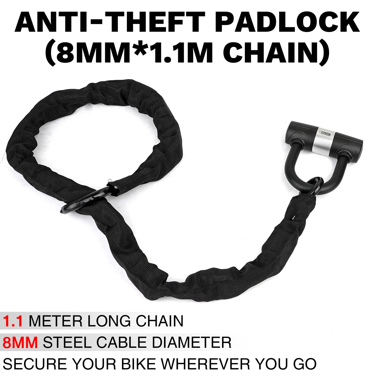 Lucchetto a catena per bicicletta in acciaio temprato da 8 mm, lunghezza 110 cm, con set di serratura ad arco, alta sicurezza, lucchetto per e-bike, moto, ingresso cortile (8 x 1100 mm)
