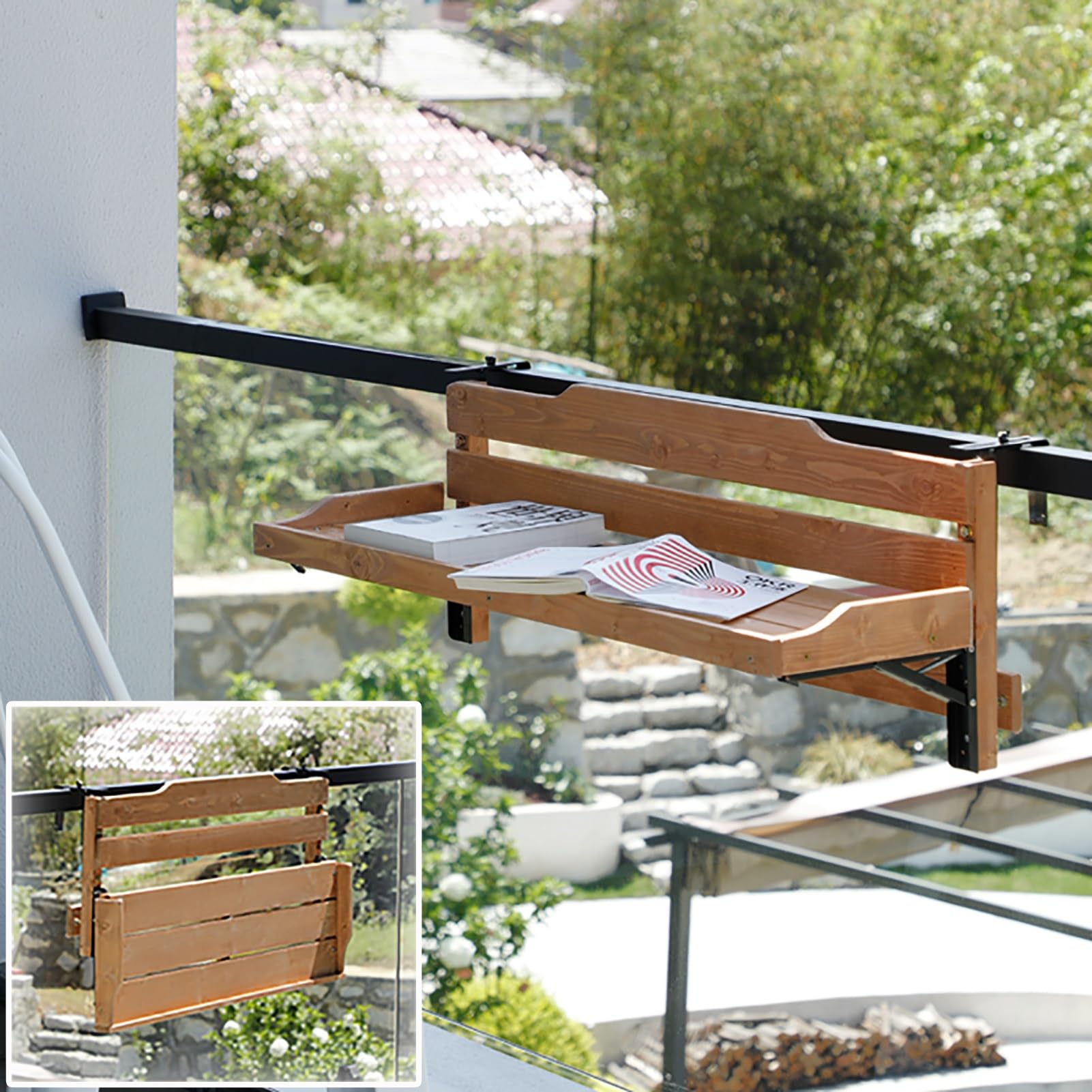 Table de balcon pliable en bois noble suspendue pour extérieur chic