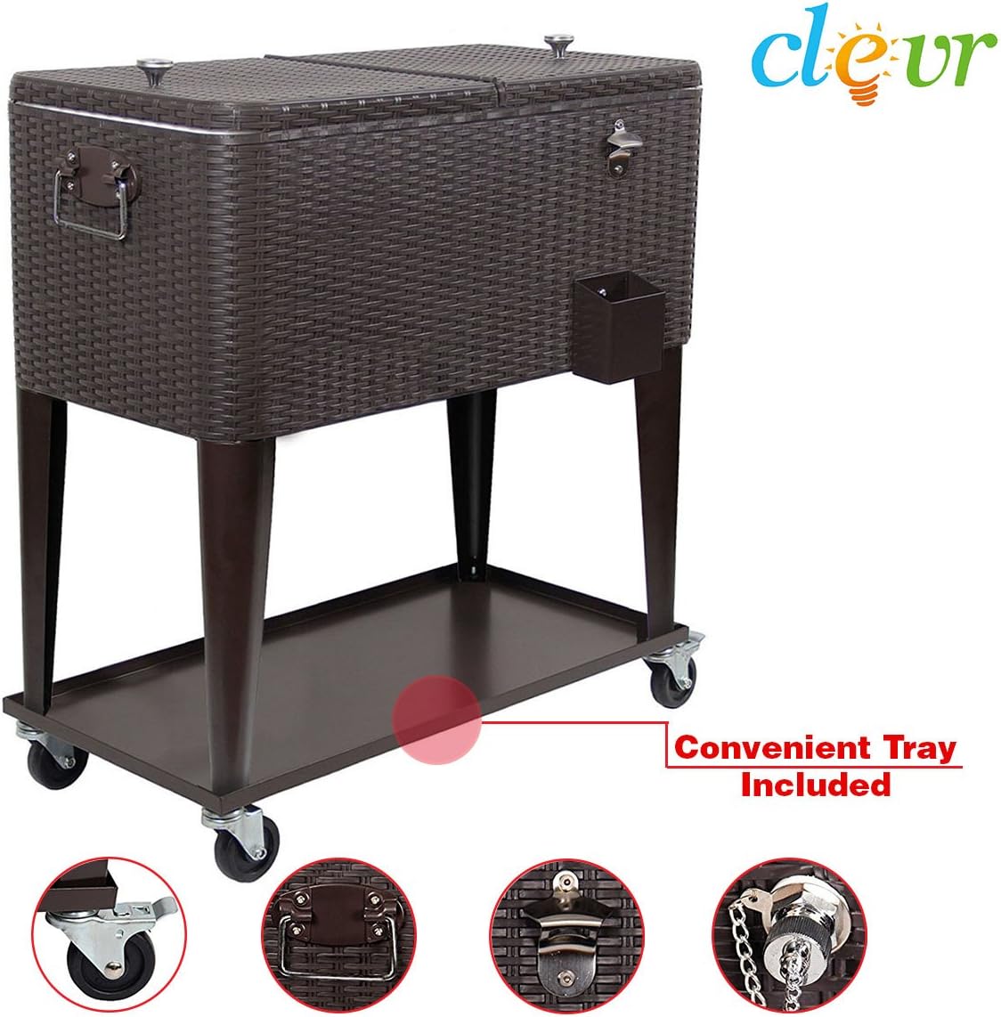 80 Quart Qt Rolling Cooler Ice Chest Cart for Outdoor Patio Deck Party, Dark Brown Wicker Faux Rattan Tub Trolley, Portable Backyard Party Drink Beverage Bar, Wheels with Shelf & Bottle Opener