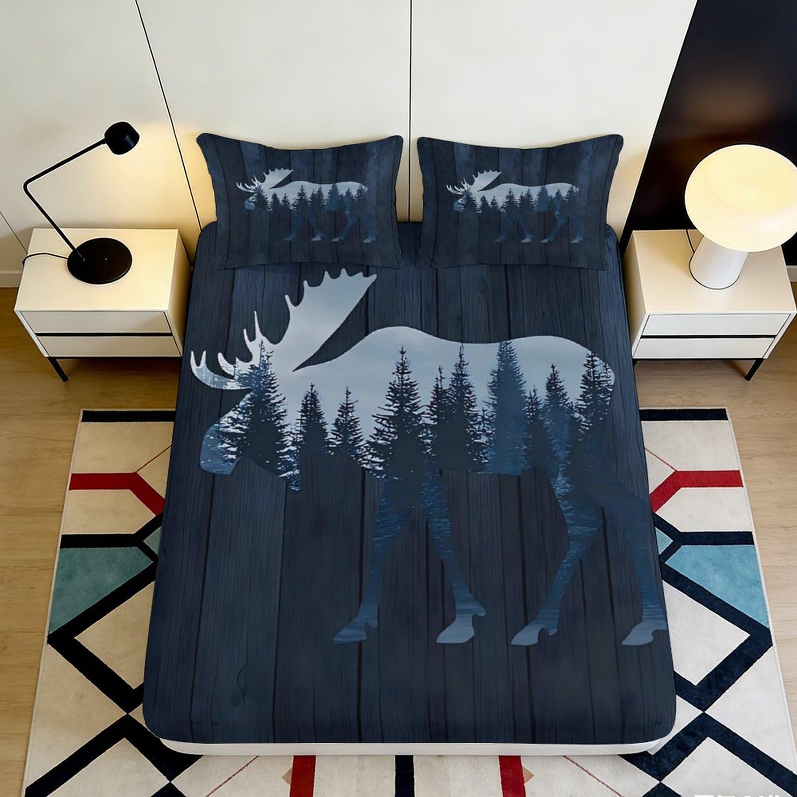 3D Printed Moose Silhouette Fitted Sheet Microfiber Soft Breathable Forest Bed Cover for Bedroom Dormitory Guest Room Mattress Protection 140x200x25cm