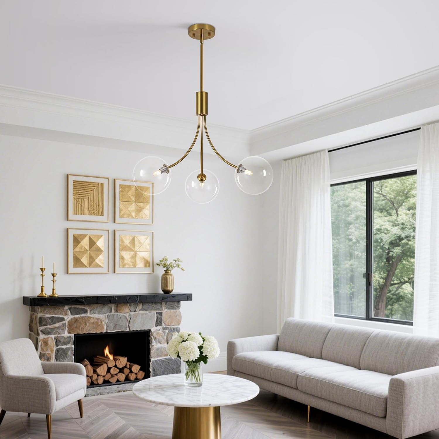 3-Light Modern Kitchen Chandelier,Gold Island Lights with Clear Glass Shade,Perfect Dining Room Lights for Kitchen Island, Living Room,Bedroom,Or Foyer Entryway,25.2 Inch,G9 Bulb