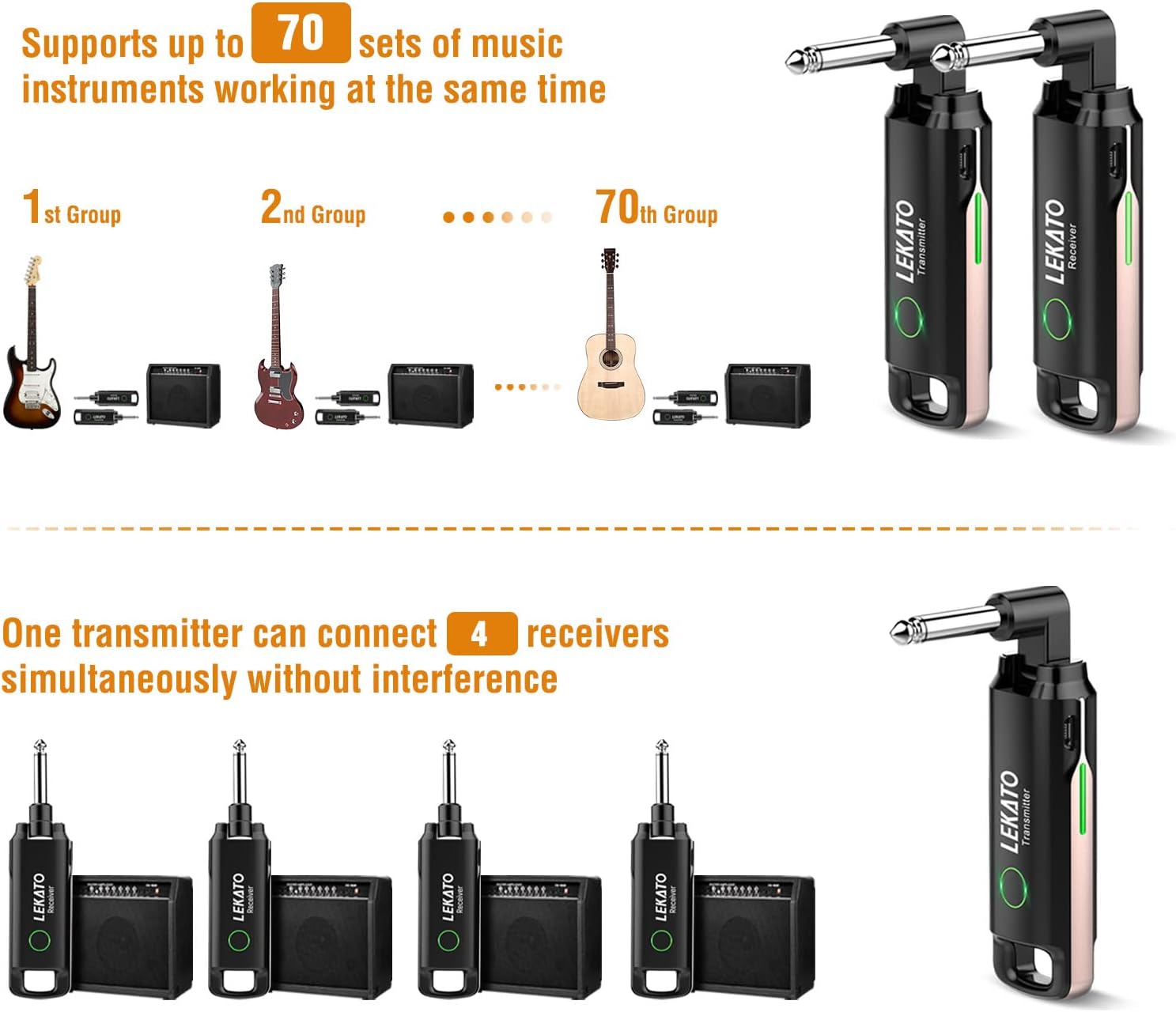 LEKATO Wireless Guitar System UHF Wireless Guitar Transmitter Receiver with 70 Channels Rechargeable Guitar Wireless for Electronic Instrument Guitar Amp Digital Electric Bass Guitar Accessories : Musical Instruments