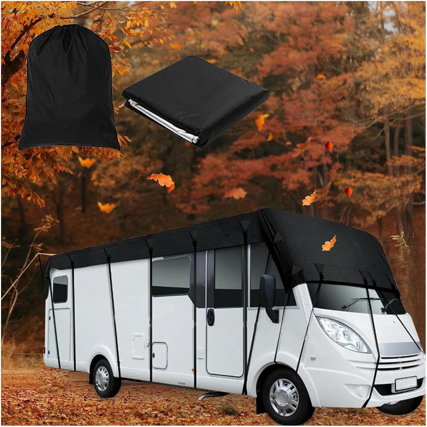 Rv Cover 210D Oxford Cloth Camper Cover Wind, Rain and Snow Proof Rv Covers for Roof Only Travel Trailer Cover,Black-16.4 * 9.8ft