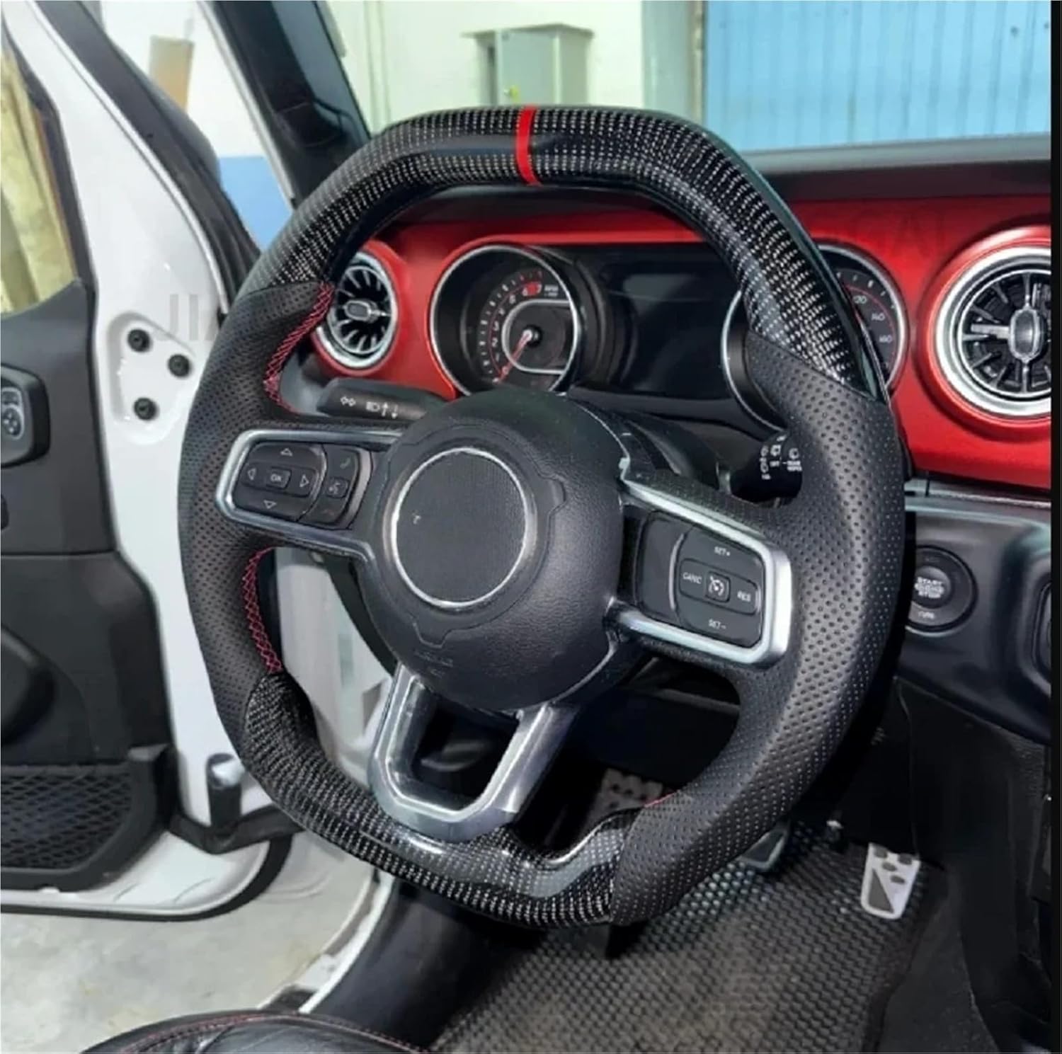 Carbon Fiber Perforated Leather Steering Wheel Compatible With Jeep Wrangler JL 2018-2024 Flat Top Bottom Accessories(Orange Heated)