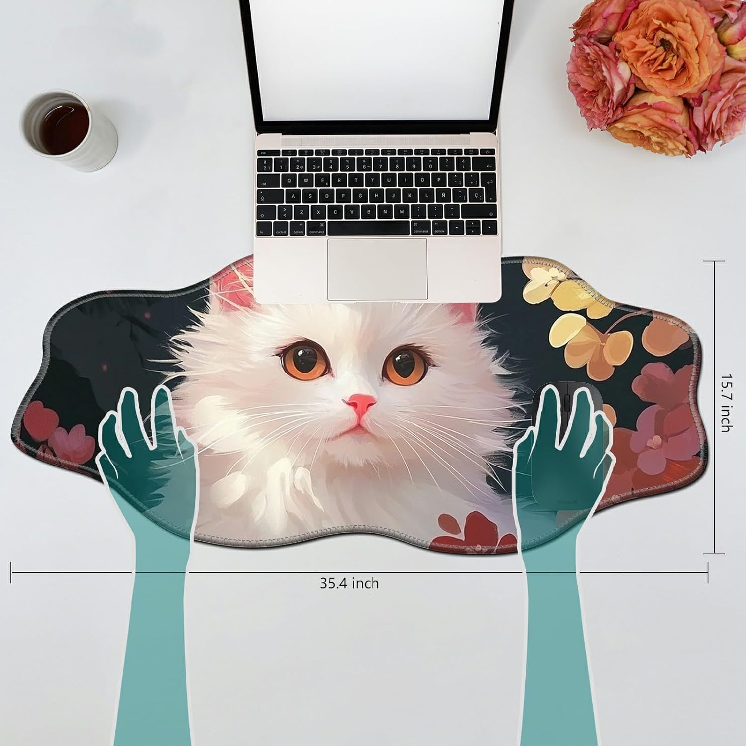 White Cat Flower Desk Mat Mouse Pad 35.4X15.7 XL Extended Mousepad Huge Mouse Pads with Stitched Edges Desk Pad for Work, Game, Office, Home