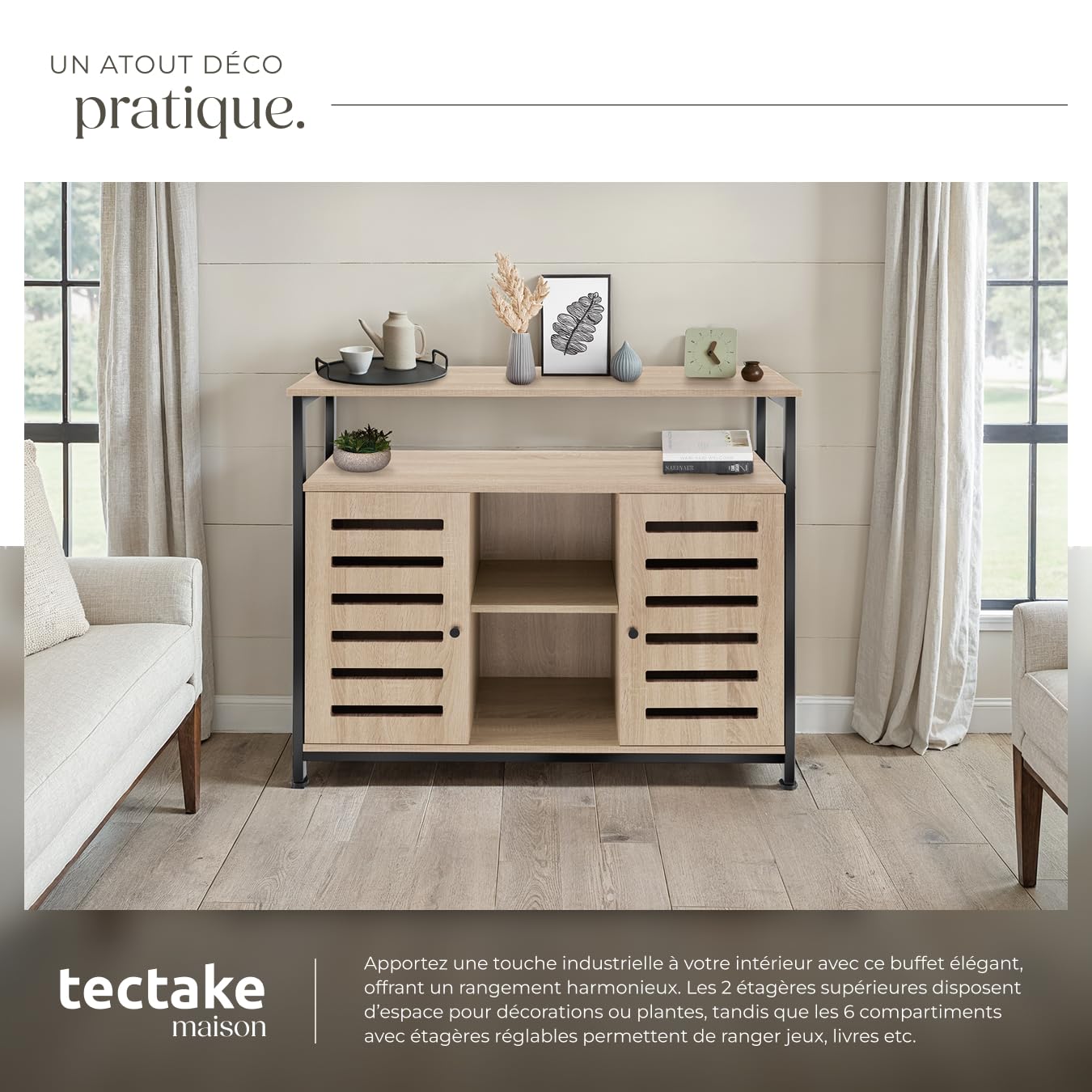 tectake® Buffet 100 x 37 x 82 cm, Meuble de rangement au Style industriel, Portes et Étagères, Buffet salle a manger, Rangement cuisine, Meuble de rangement salon, Vaisselier, Meuble salon, Bois clair