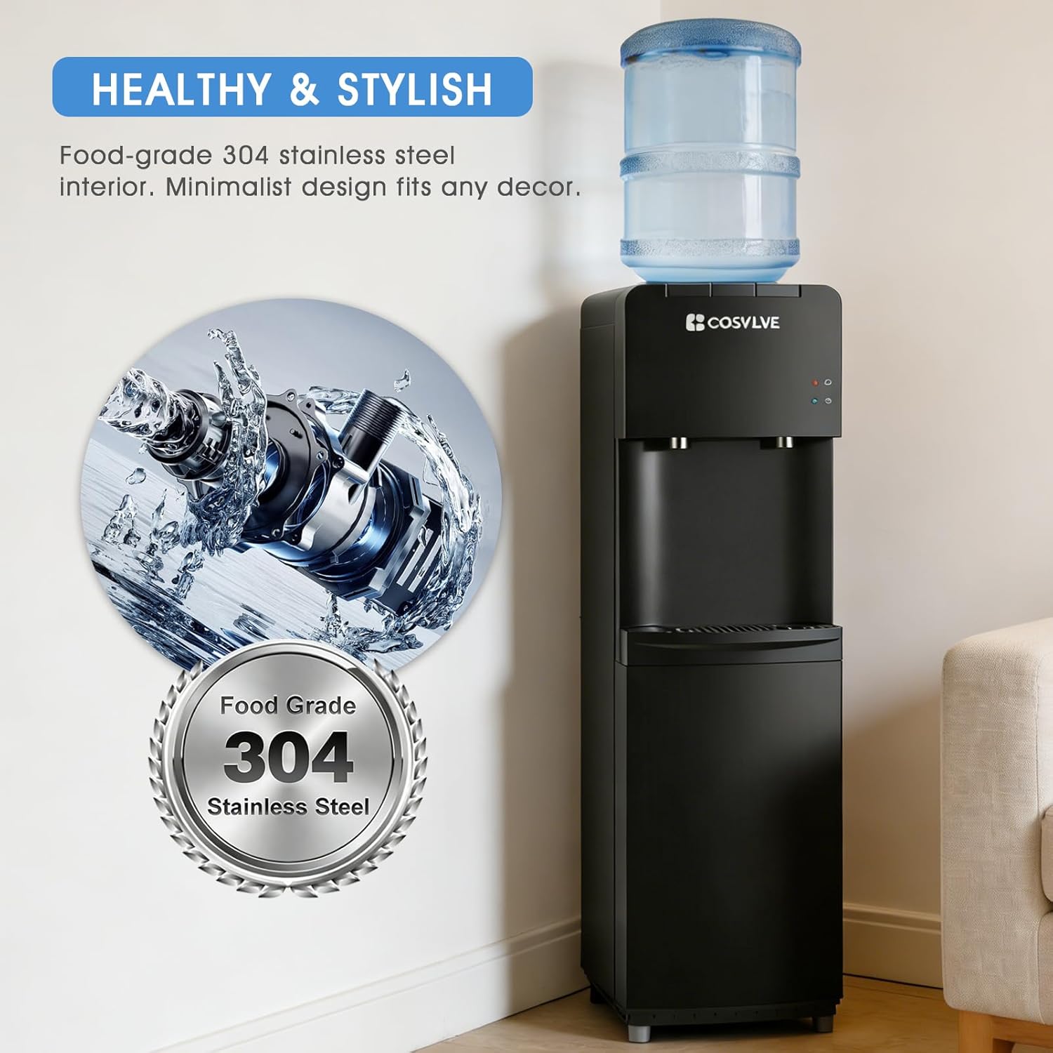 Top Loading Water Dispenser for 3 or 5 Gallon Bottles, Hot & Cold Water Cooler Dispenser with Child Safety Lock, Freestanding Water Cooler for Home Office Kitchen, Black