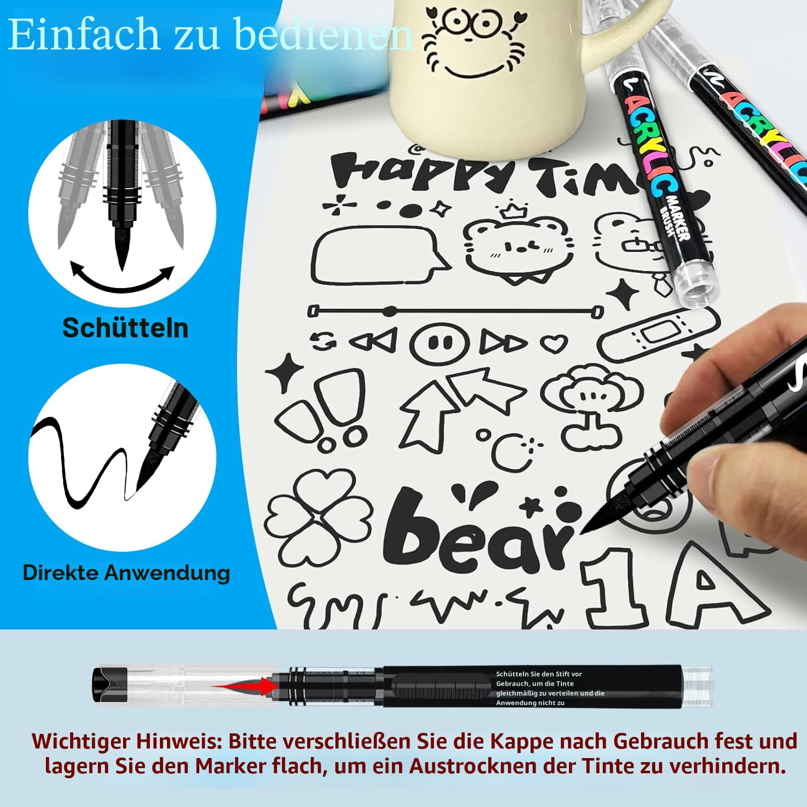 Vakki12 Stück Acrylstifte Schwarz, wasserfest stift Permanent marker schwarz Acrylmarker, Acrylic marker Set Perfekt für Steine Bemalen, Glas, Holz, Keramik, Metall & Leinwand