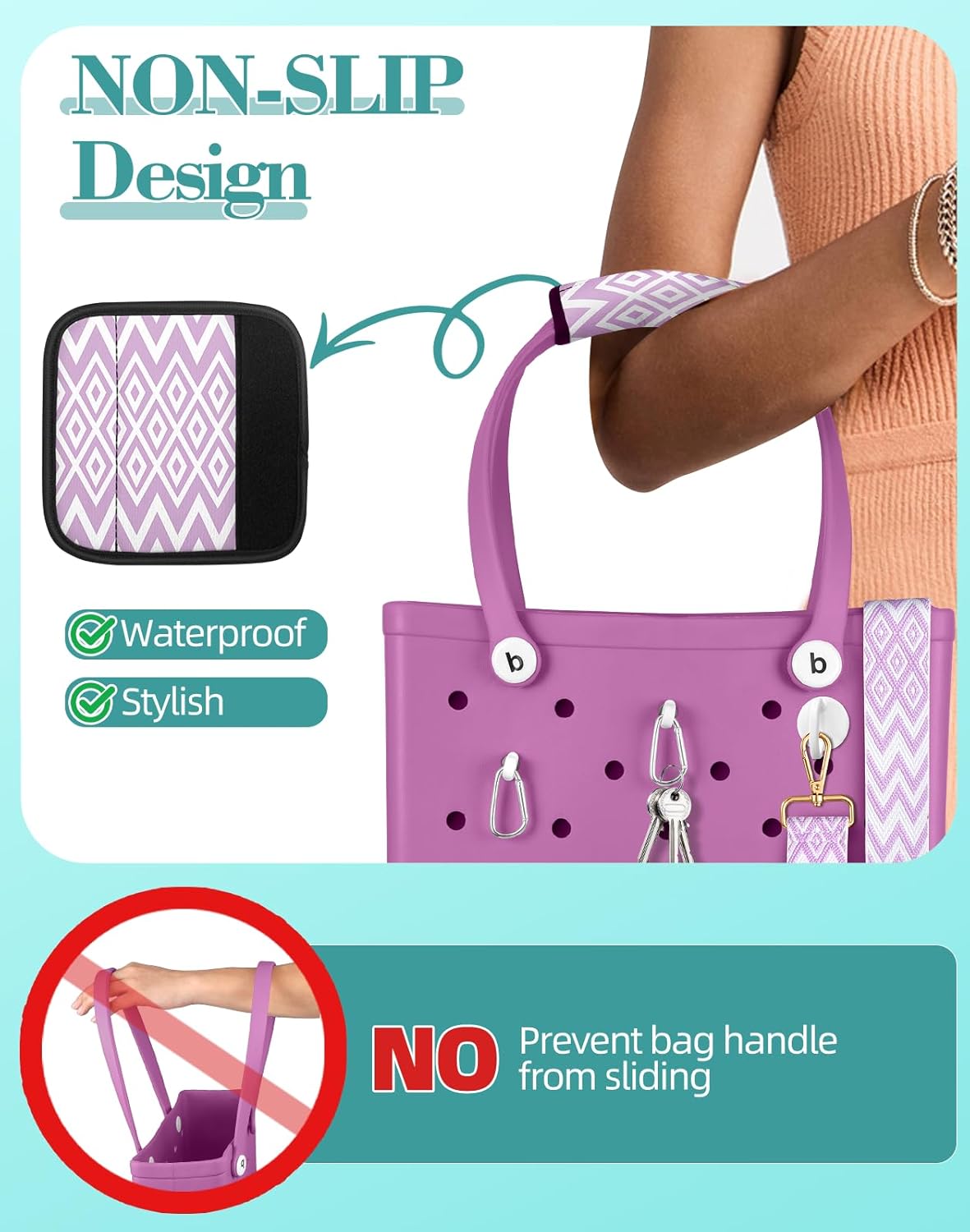 Bag Strap Crossbody for Bogg Bag Accessories - Charms Shoulder Strap Neoprene Luggage Handle Wrap for Suitcase & 2 Key Holders Purple Geometric - Image 3